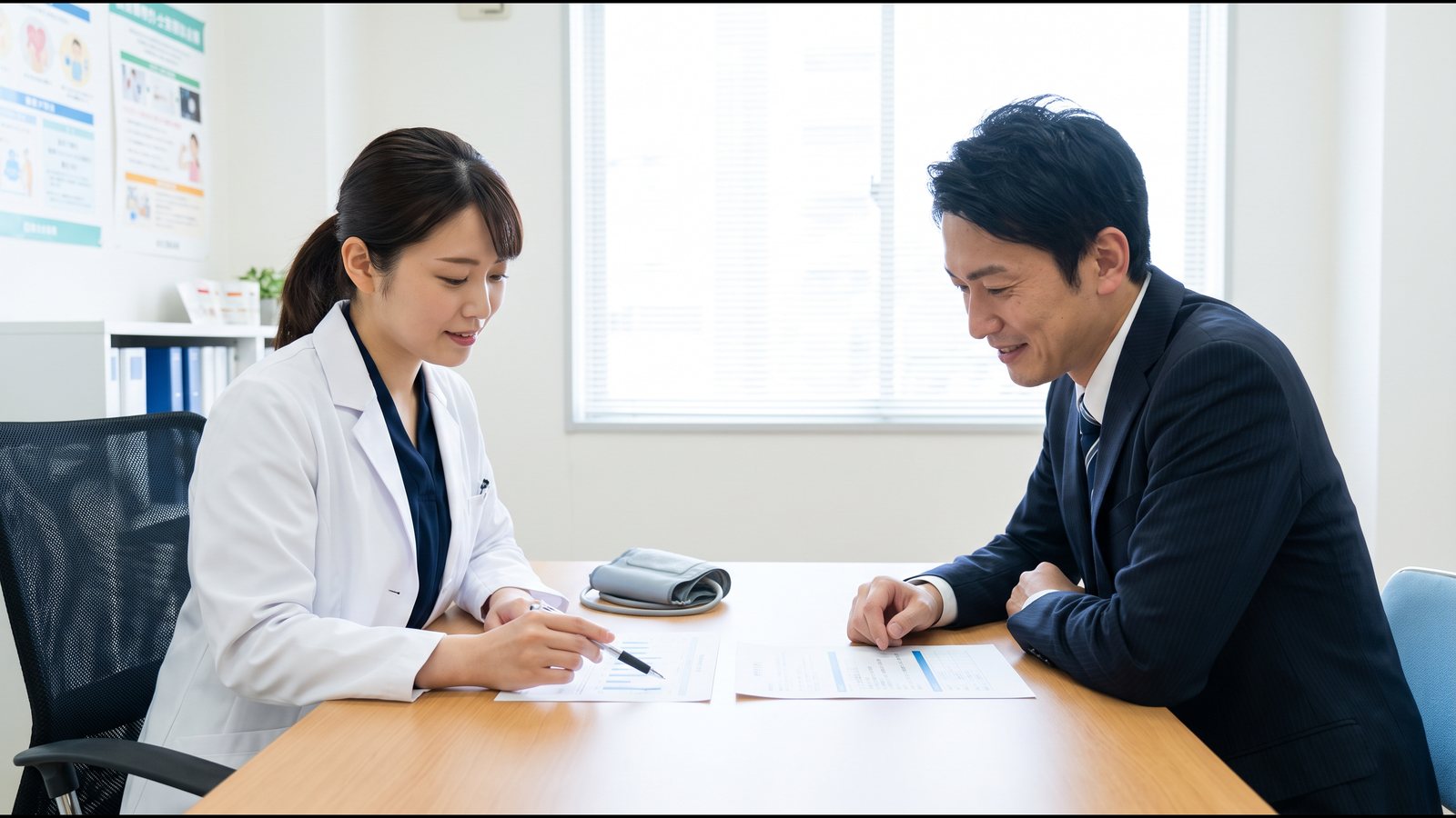 社内の健康相談室で、産業保健師が社員と向き合い、健康診断の結果とストレスチェックの結果を並べて説明している様子