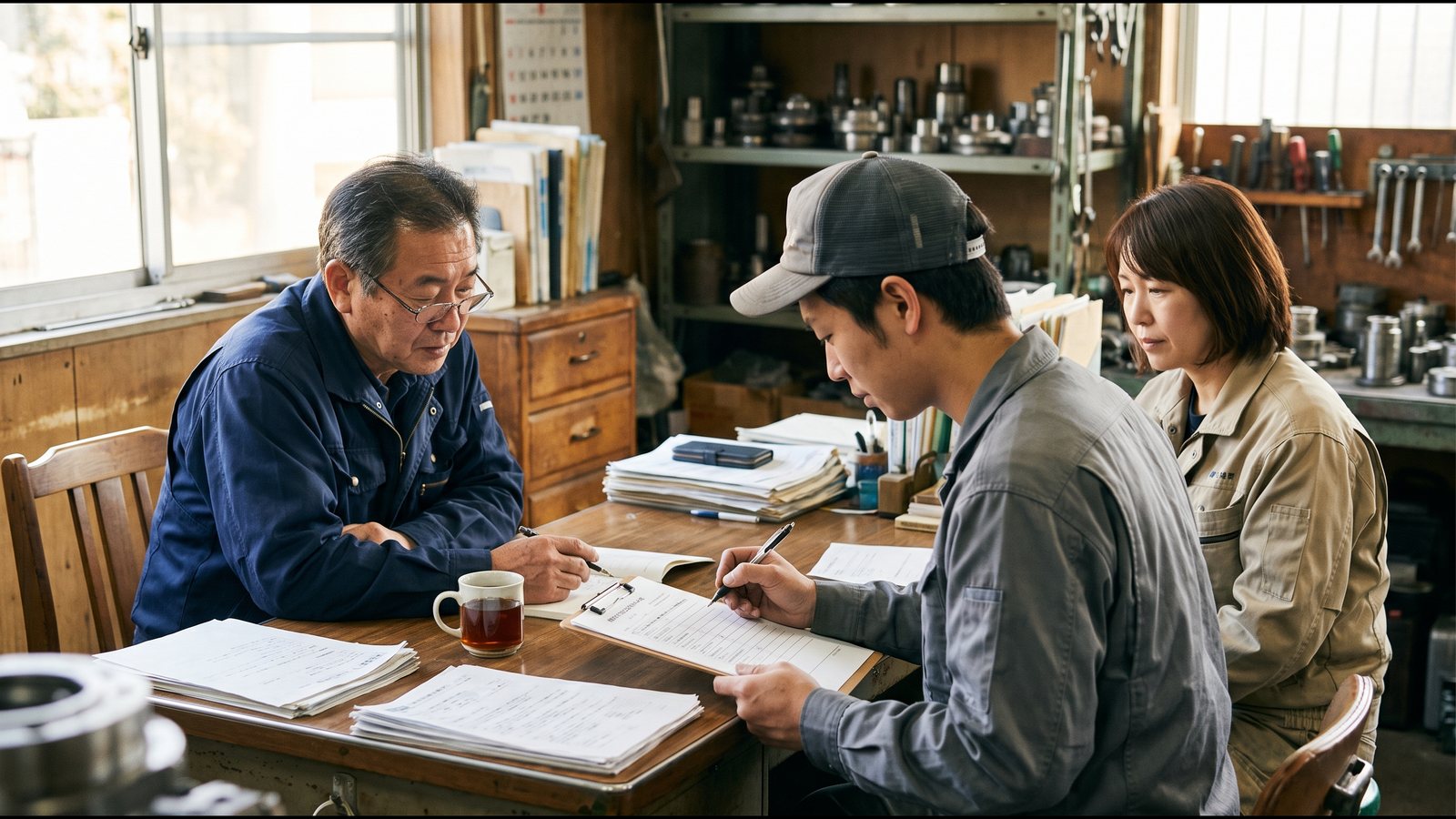 町工場を兼ねた小さな会社の事務所で、社員が職場のストレスに関する質問票に記入し、経営者と同僚がそばで見守っている様子