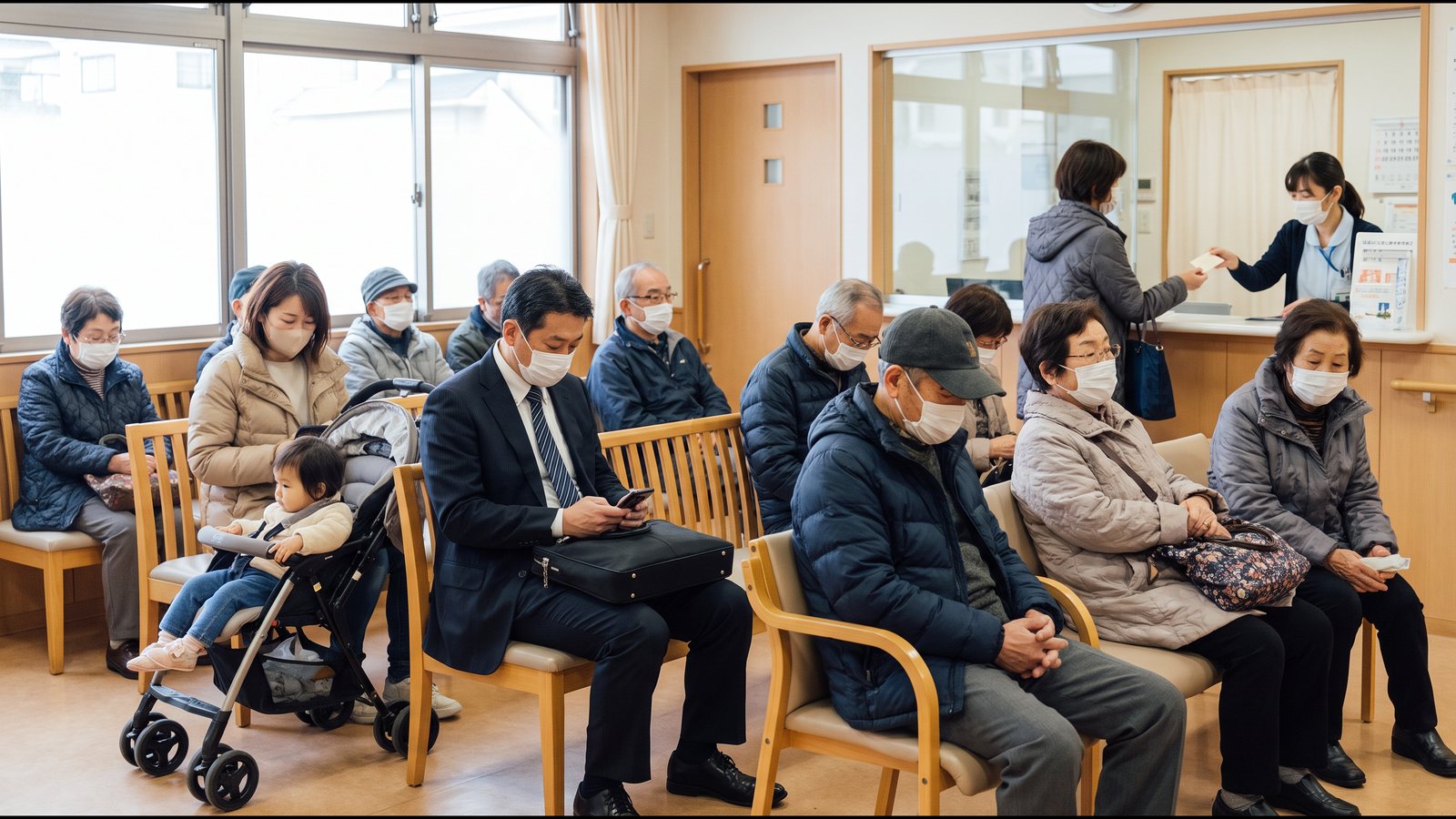 高齢の患者が多く待つ診療所の待合室。働く世代の男性や子ども連れの母親も座り、受付で保険証を渡す人がいる様子