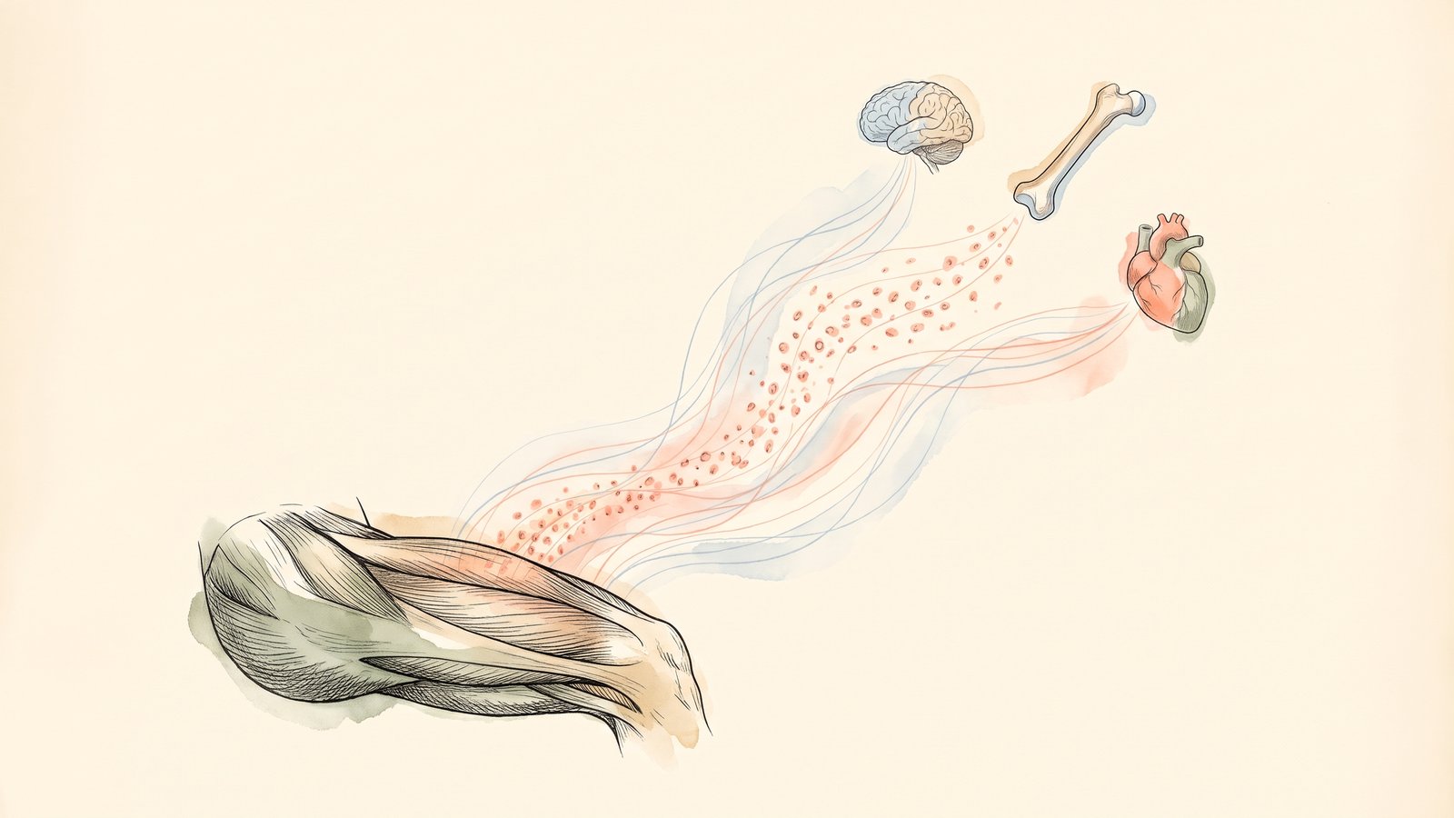 脚の筋肉から無数の小さな粒子が流れ出し、脳・骨・心臓へ向かう様子を描いた、水彩と線画による解剖図風のイラスト